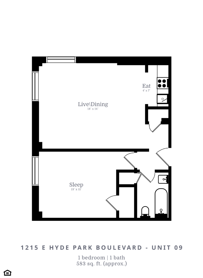 Floor plan for 1 bed, 1 bath, 583 sqft